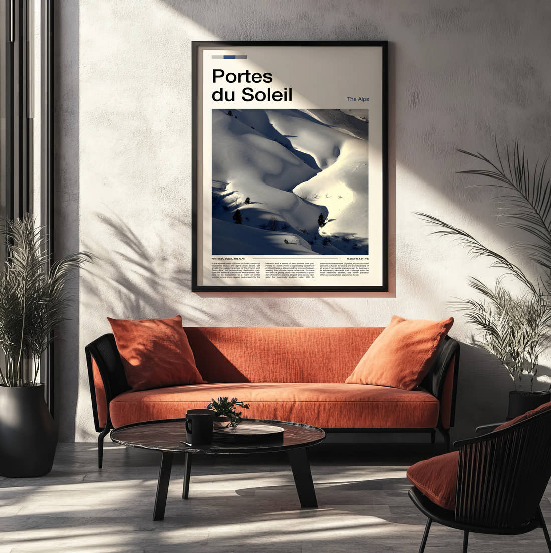 Portes Du Soleil Snowy Slopes Travel Print framed on the wall of a modern living room