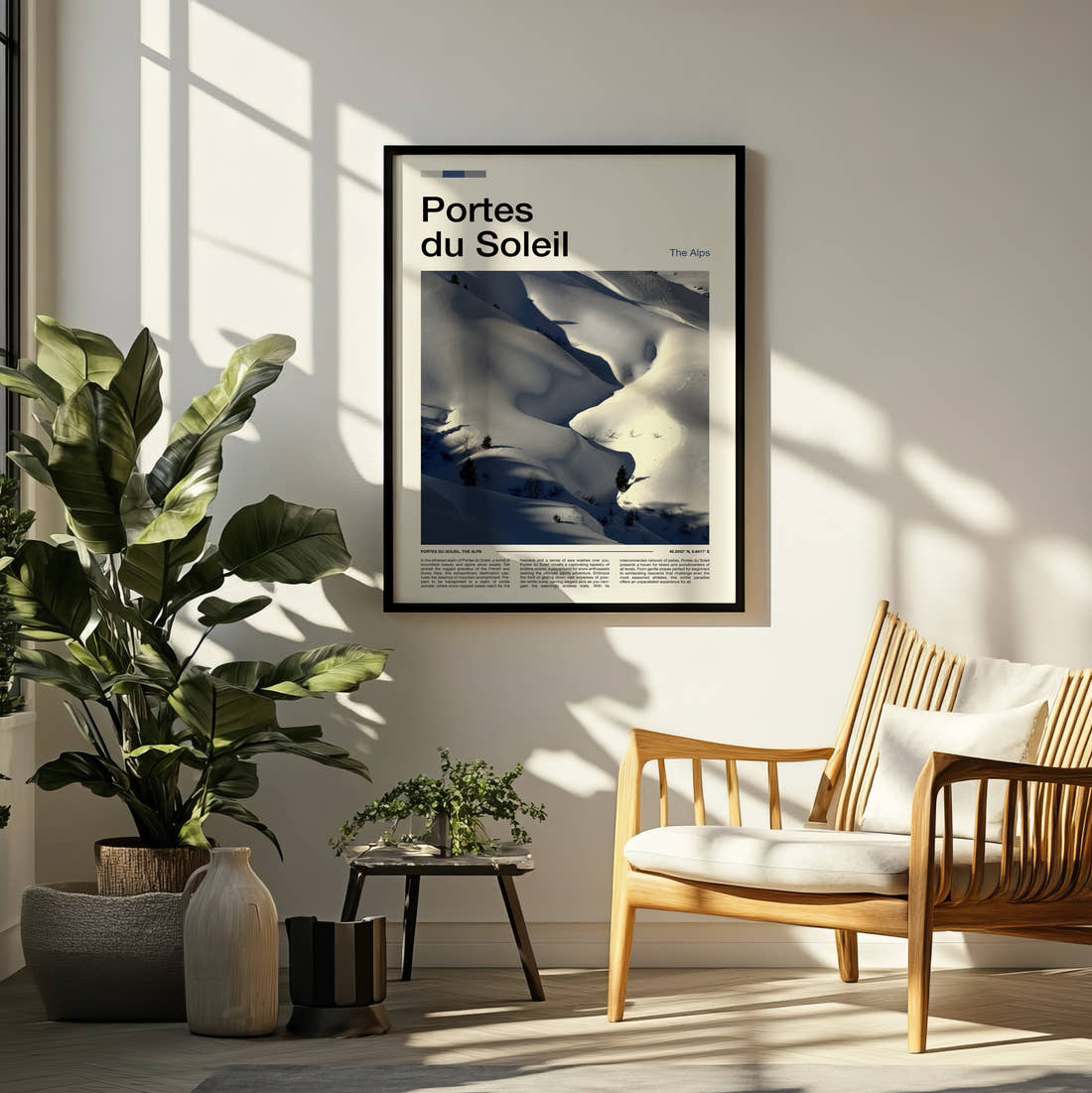 Portes Du Soleil Snowy Slopes Travel Print framed on a pale wall beside houseplants