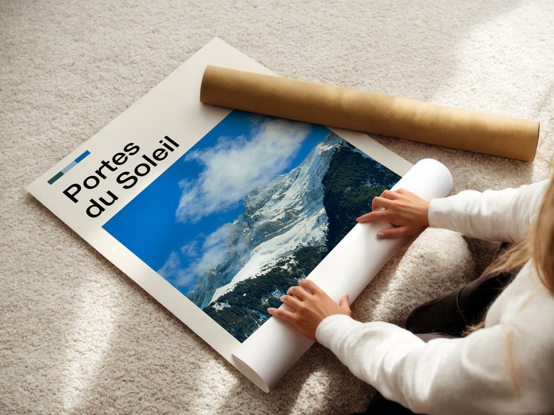 Portes Du Soleil Snowy Mountain Peak Travel Print being unrolled from its postal tube