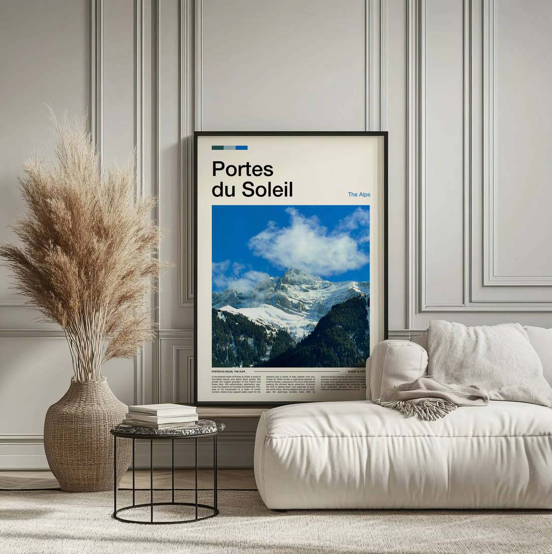 Portes Du Soleil Snowy Mountain Peak Travel Print framed on the wall of a calm, neutral bedroom