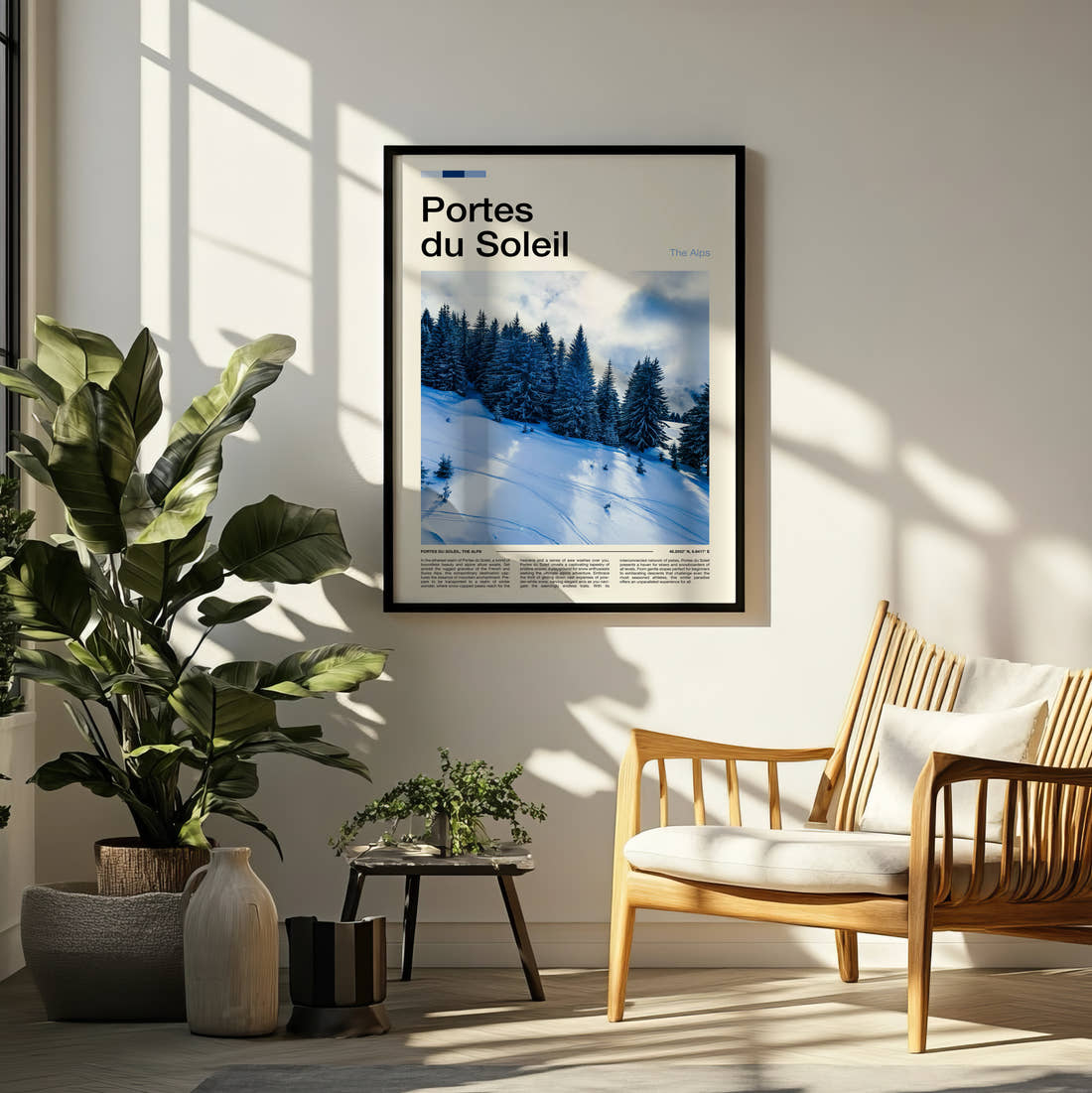Portes Du Soleil Snow-Covered Pine Trees Travel Print framed on a pale wall beside houseplants