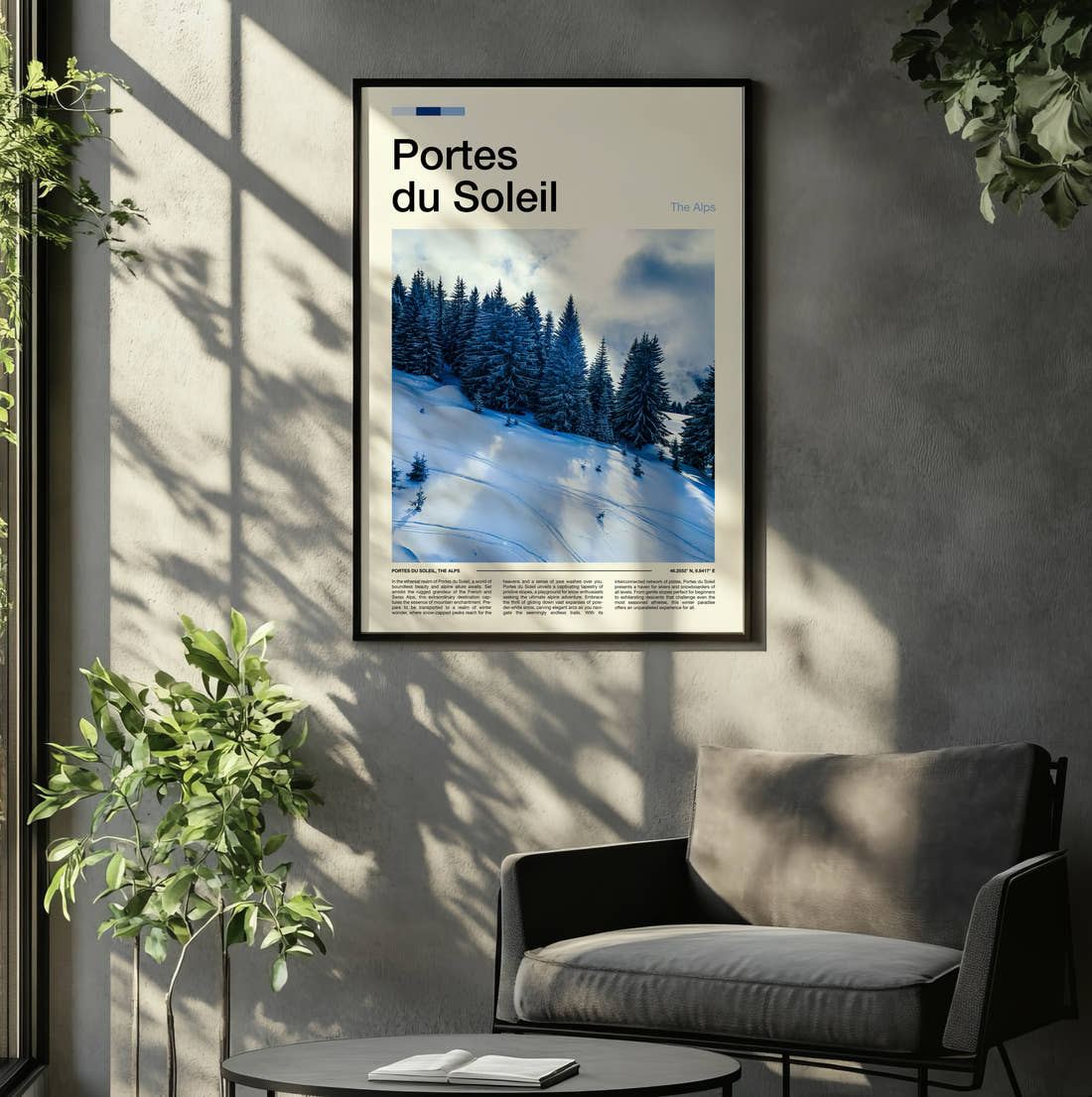Portes Du Soleil Snow-Covered Pine Trees Travel Print framed on the wall of a relaxed living room