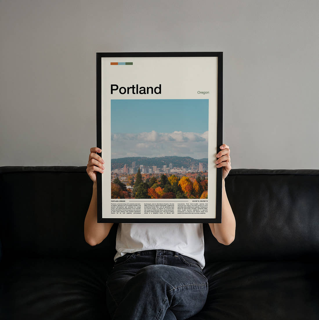 Portland Autumn Trees And Skyline Travel Print held up by hand to show the size of the print