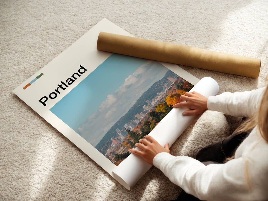 Portland Autumn Trees And Skyline Travel Print being unrolled from its postal tube
