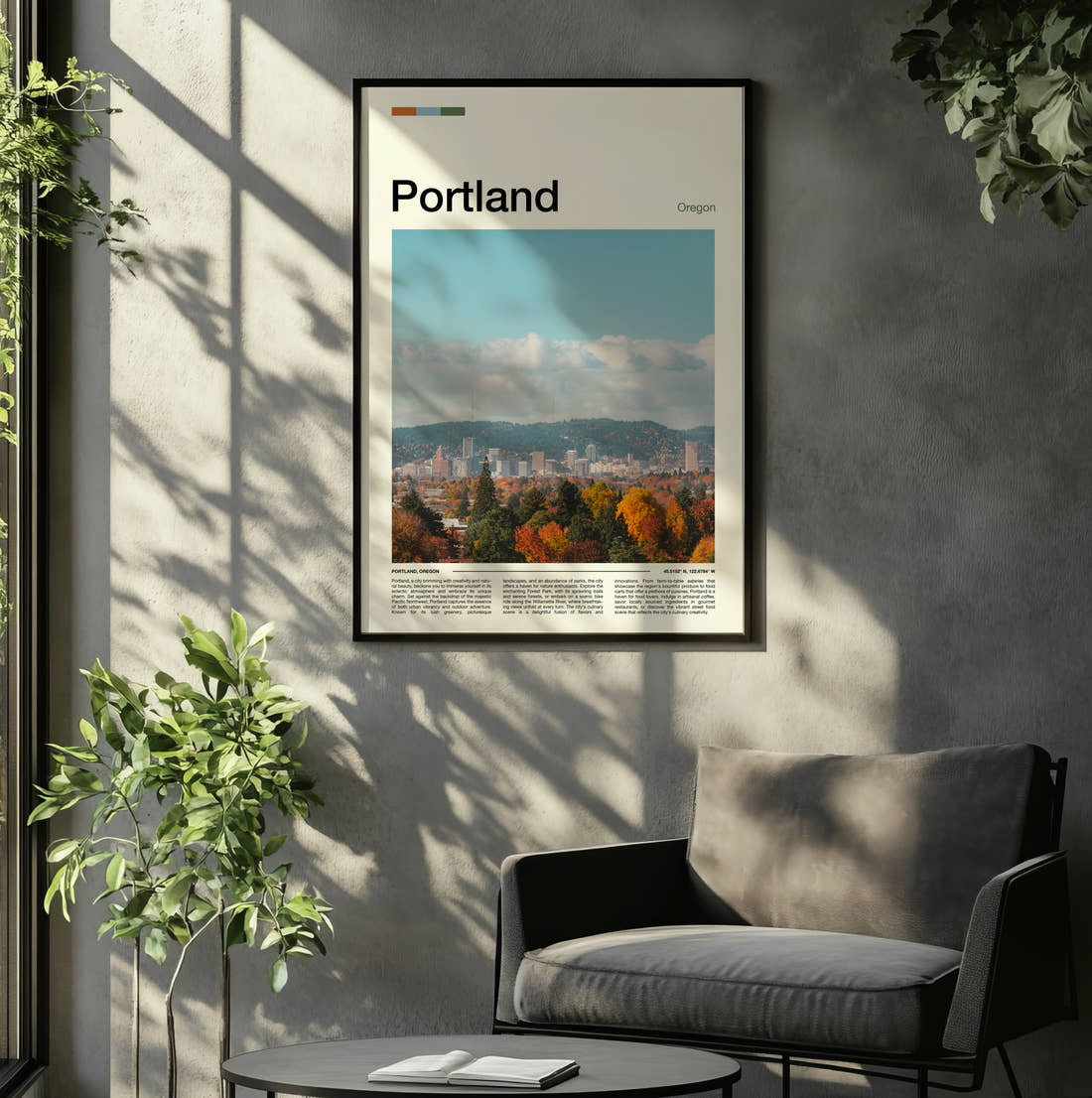Portland Autumn Trees And Skyline Travel Print framed on the wall of a relaxed living room