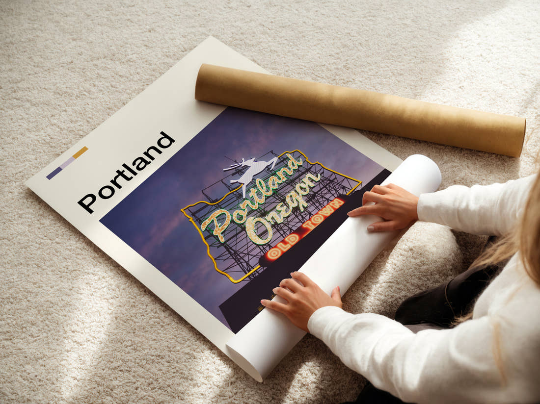 Portland Old Town Neon Sign Travel Print being unrolled from its postal tube