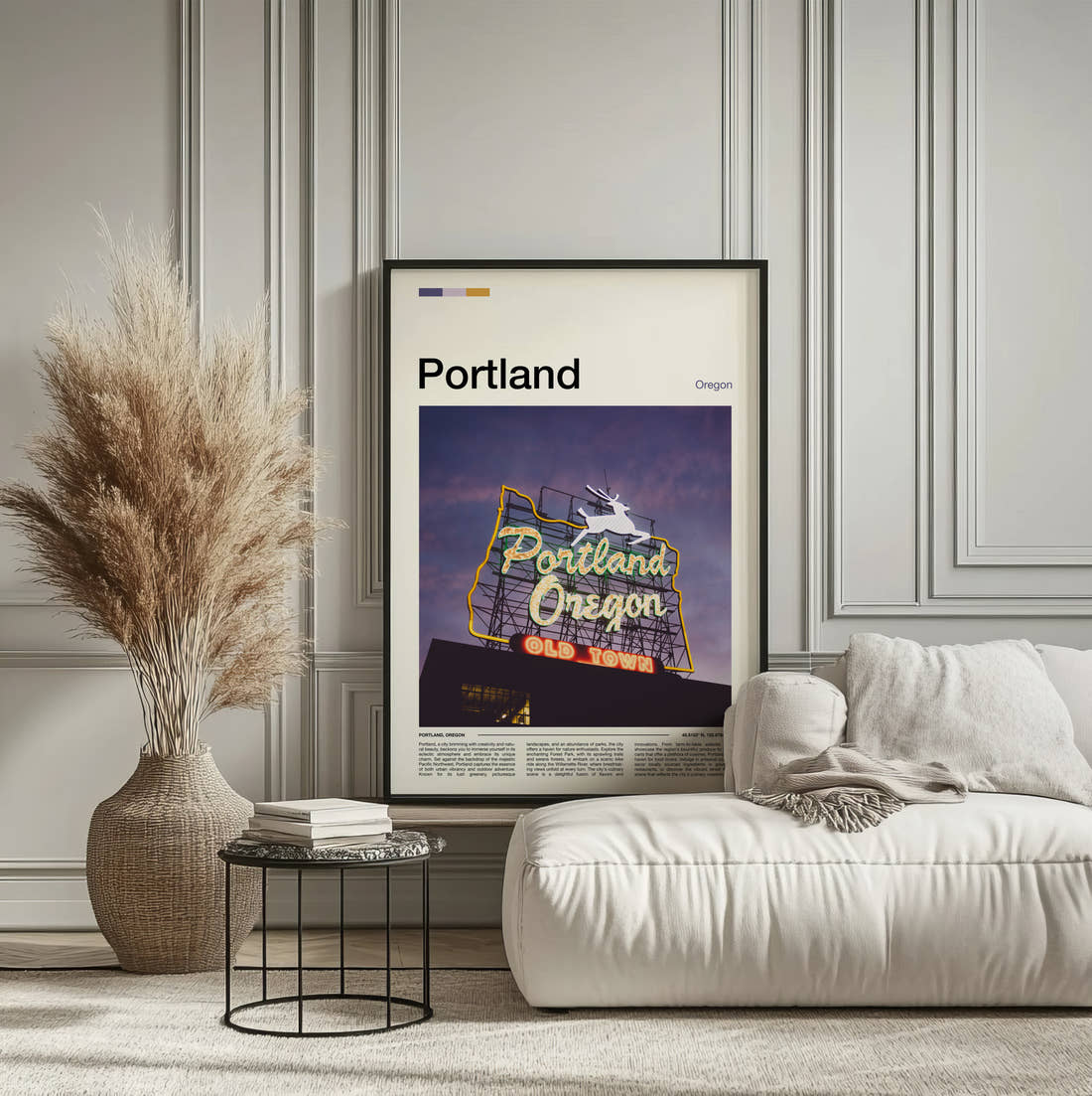 Portland Old Town Neon Sign Travel Print framed on the wall of a calm, neutral bedroom