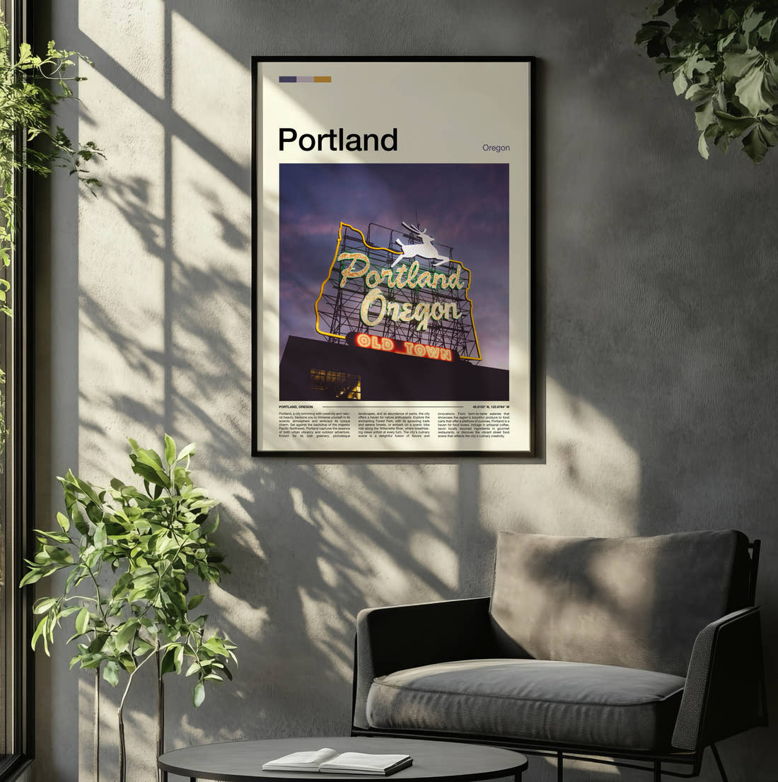 Portland Old Town Neon Sign Travel Print framed on the wall of a relaxed living room