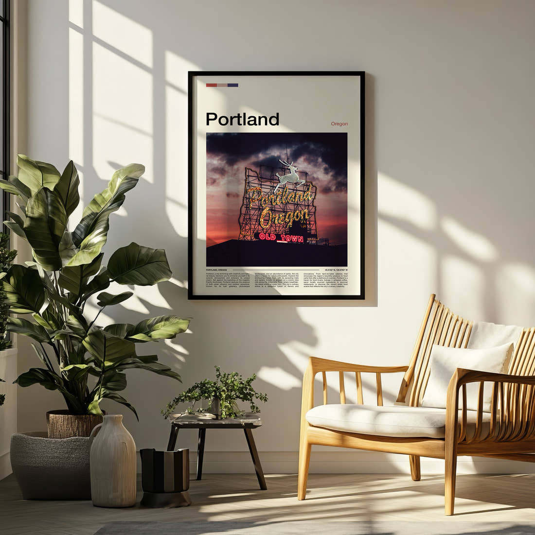 Portland Neon Sign At Sunset Travel Print framed on a pale wall beside houseplants