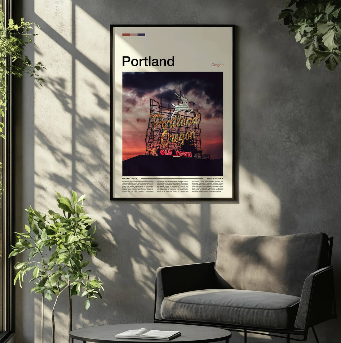 Portland Neon Sign At Sunset Travel Print framed on the wall of a relaxed living room