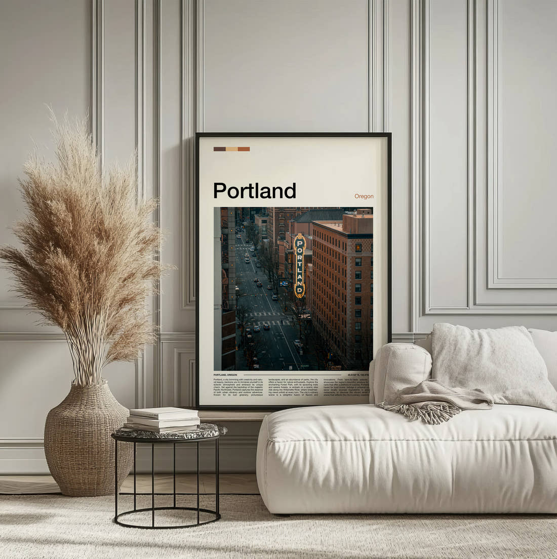 Portland Vertical Marquee Sign Travel Print framed on the wall of a calm, neutral bedroom