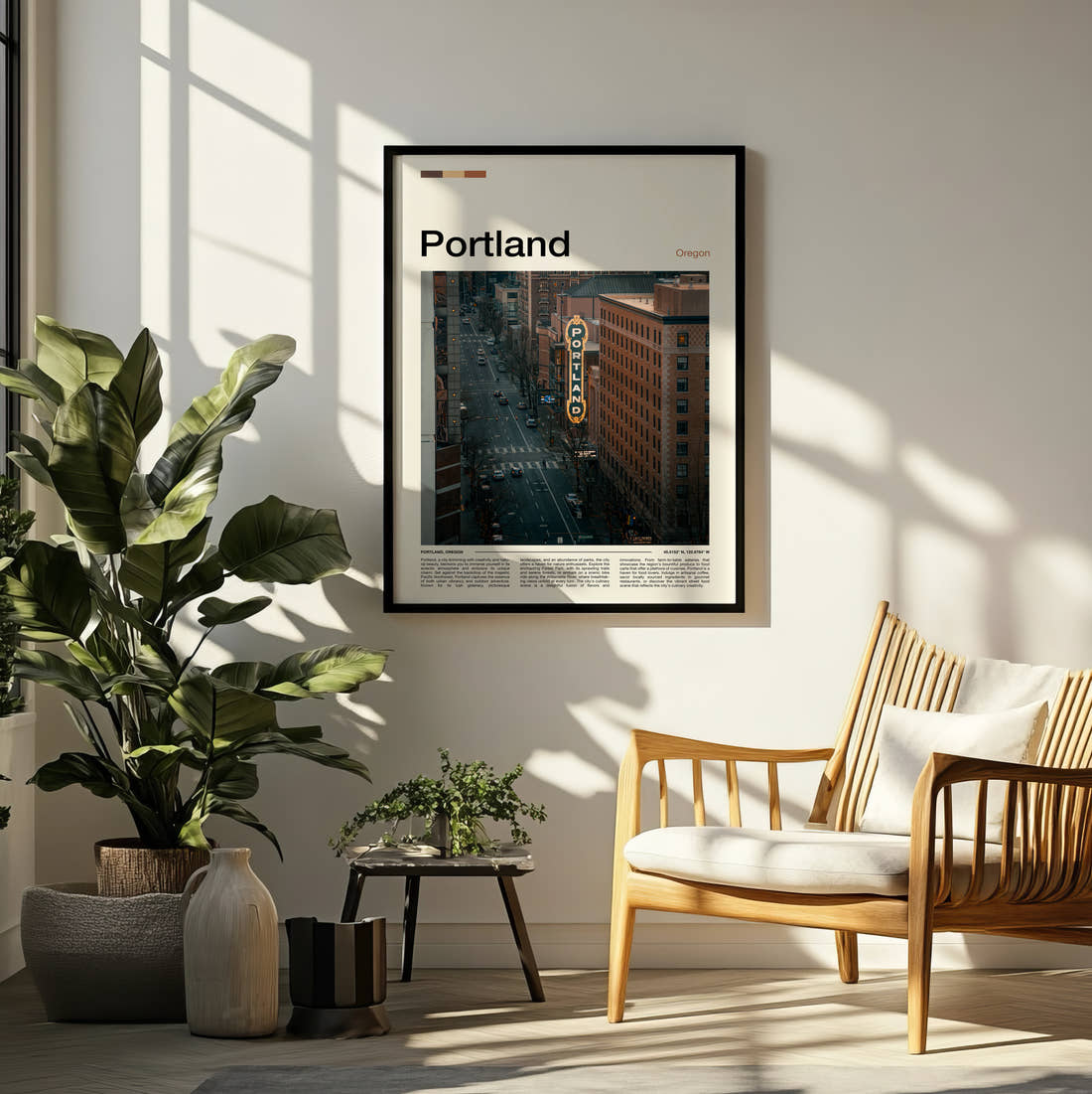 Portland Vertical Marquee Sign Travel Print framed on a pale wall beside houseplants
