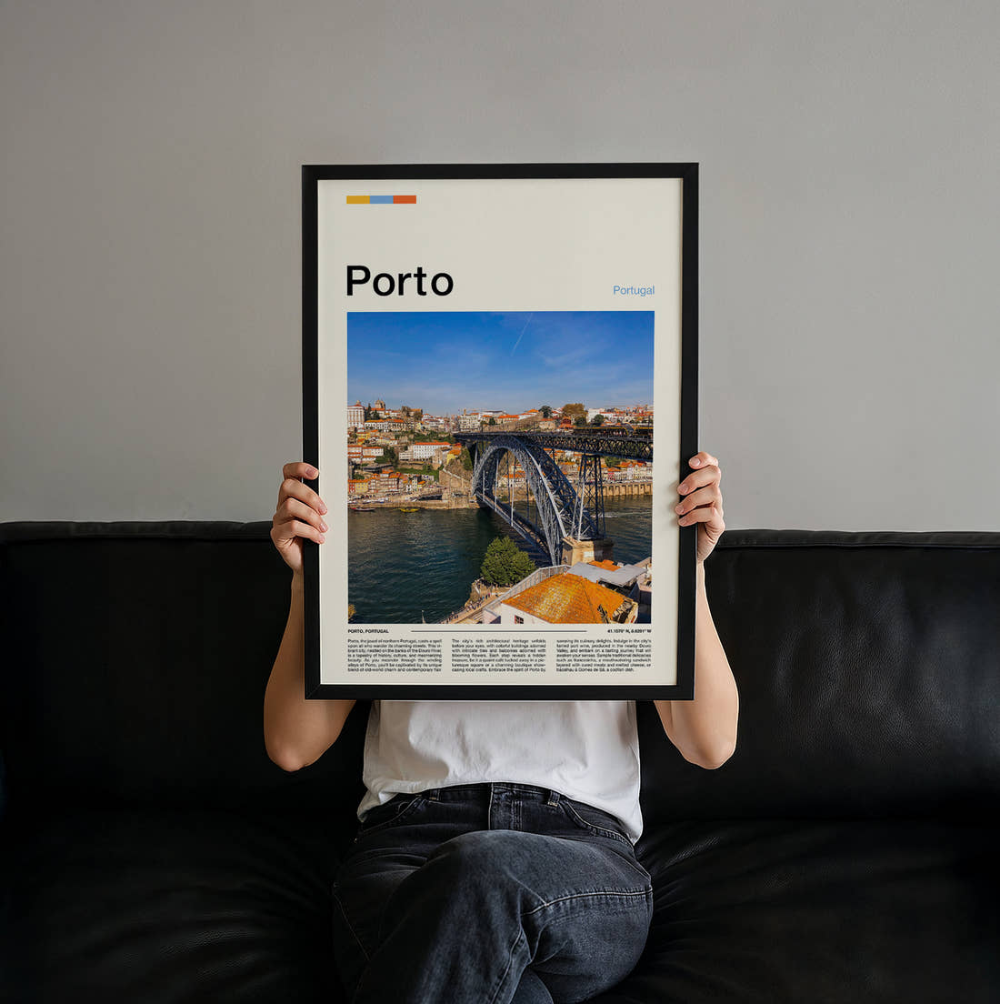 Porto Iron Arch Bridge Travel Print held up by hand to show the size of the print