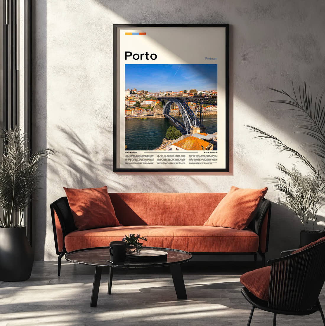 Porto Iron Arch Bridge Travel Print framed on the wall of a modern living room
