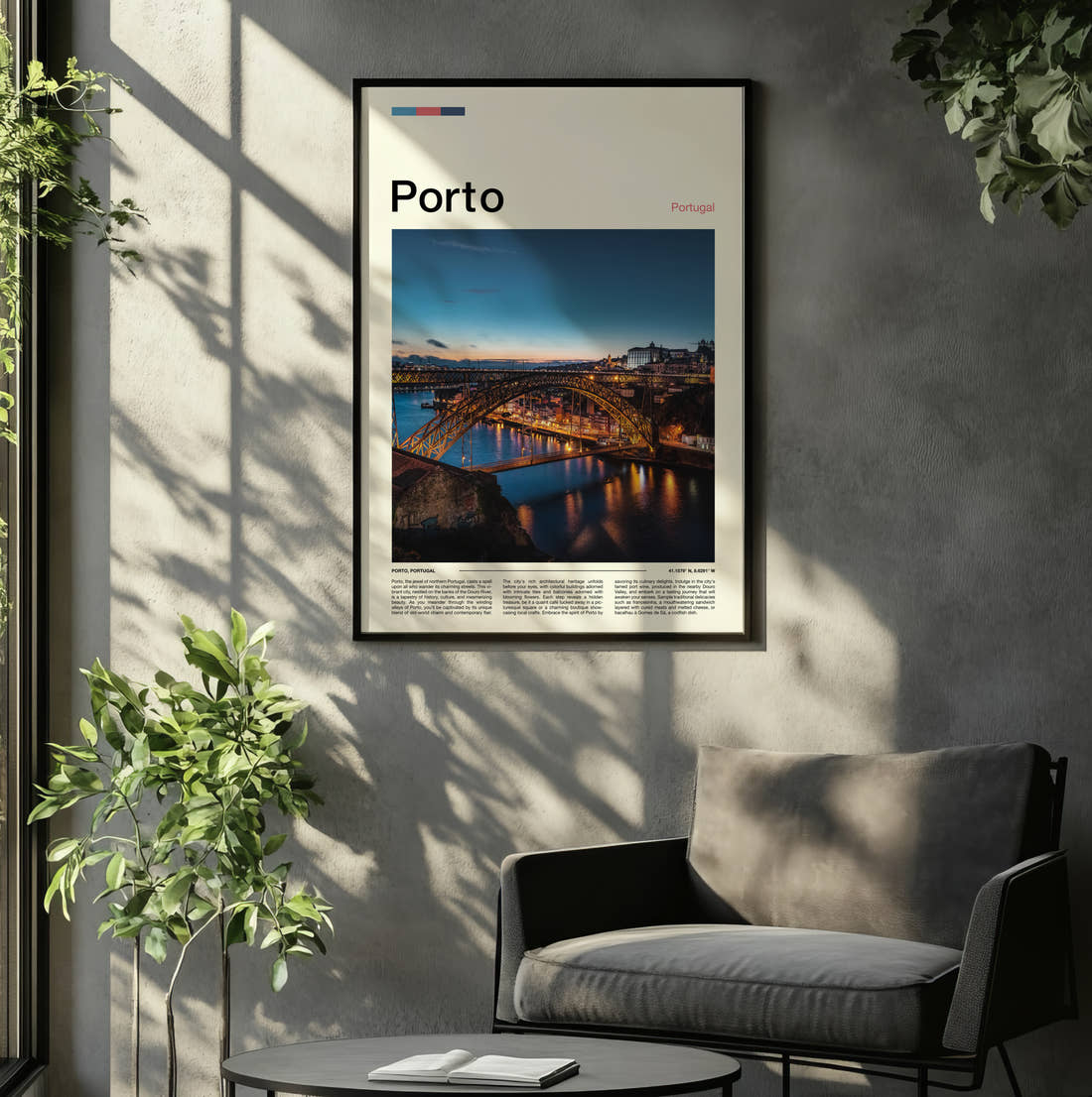 Porto Iron Bridge At Night Travel Print framed on the wall of a relaxed living room