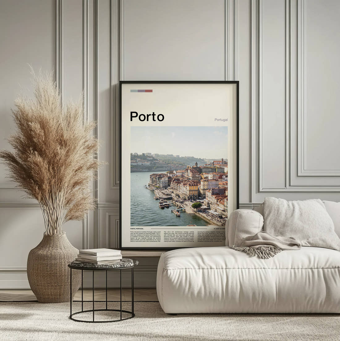 Porto Riverside Houses Travel Print framed on the wall of a calm, neutral bedroom