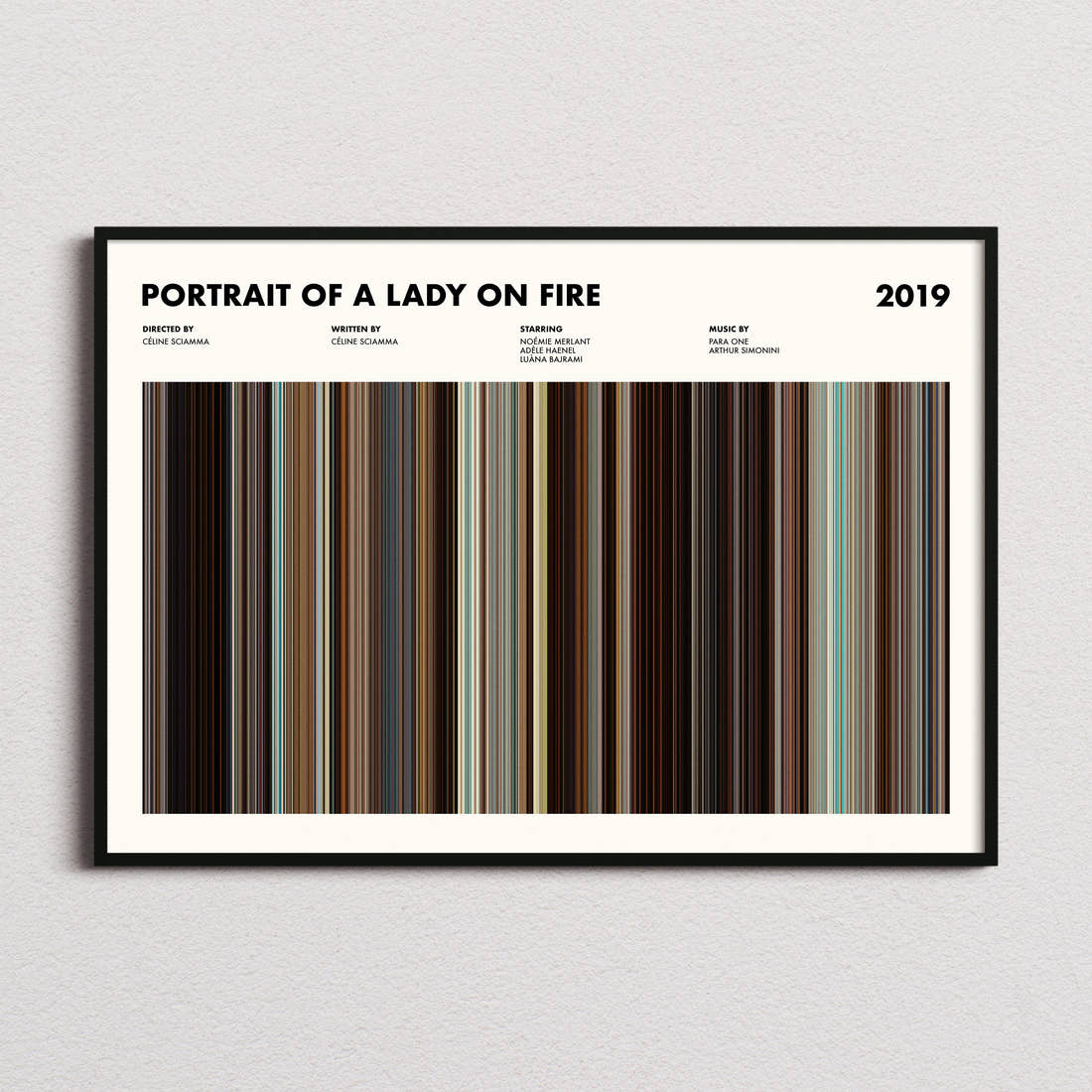 Portrait of a Lady on Fire Movie Barcode Poster framed and photographed straight on