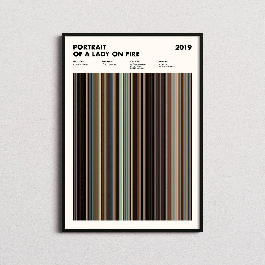 Portrait of a Lady on Fire Movie Barcode Poster framed on a plain studio wall