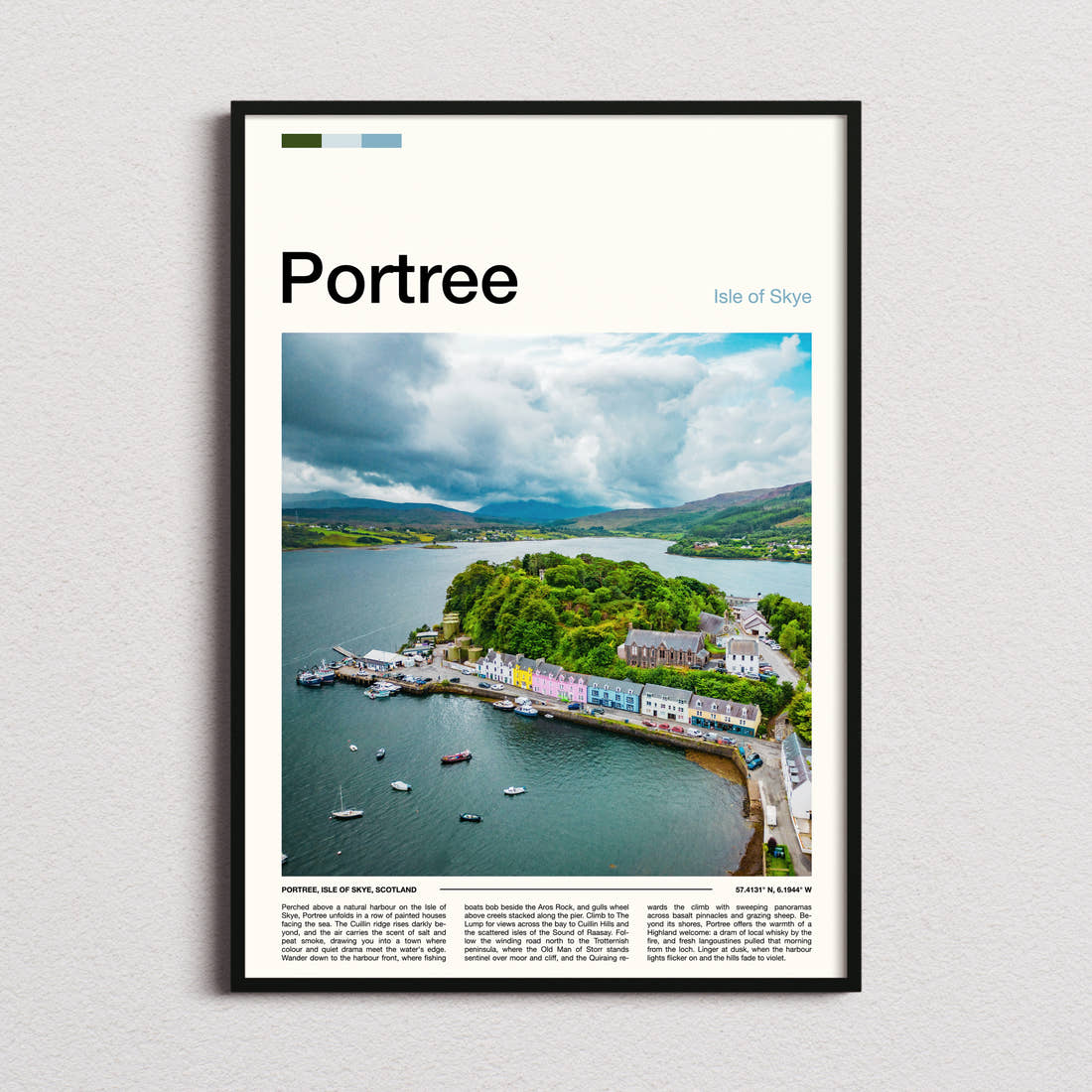 Portree Aerial Harbour View Travel Print framed and photographed straight on