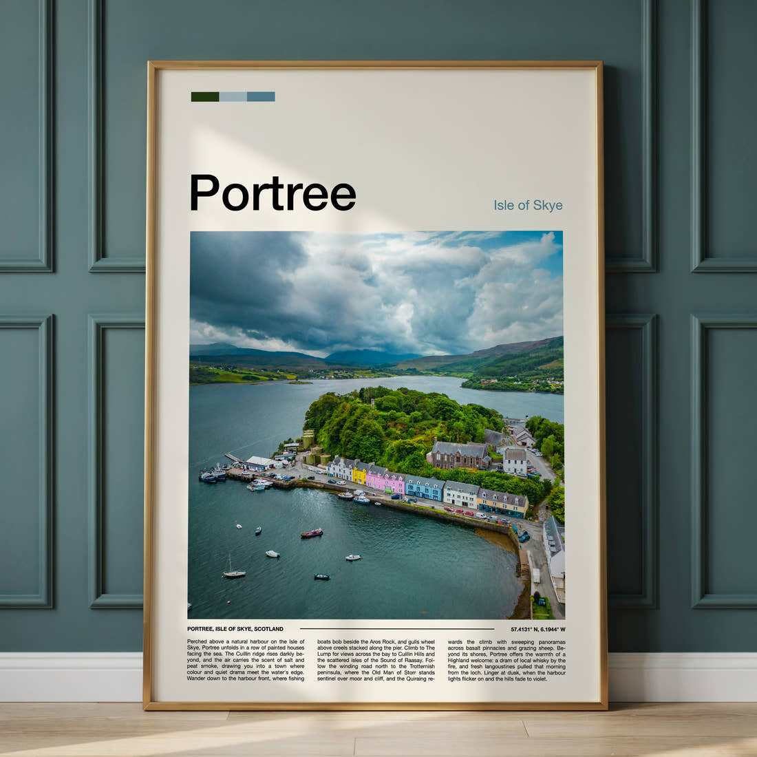 Portree Aerial Harbour View Travel Print framed on the wall of a calm, neutral bedroom