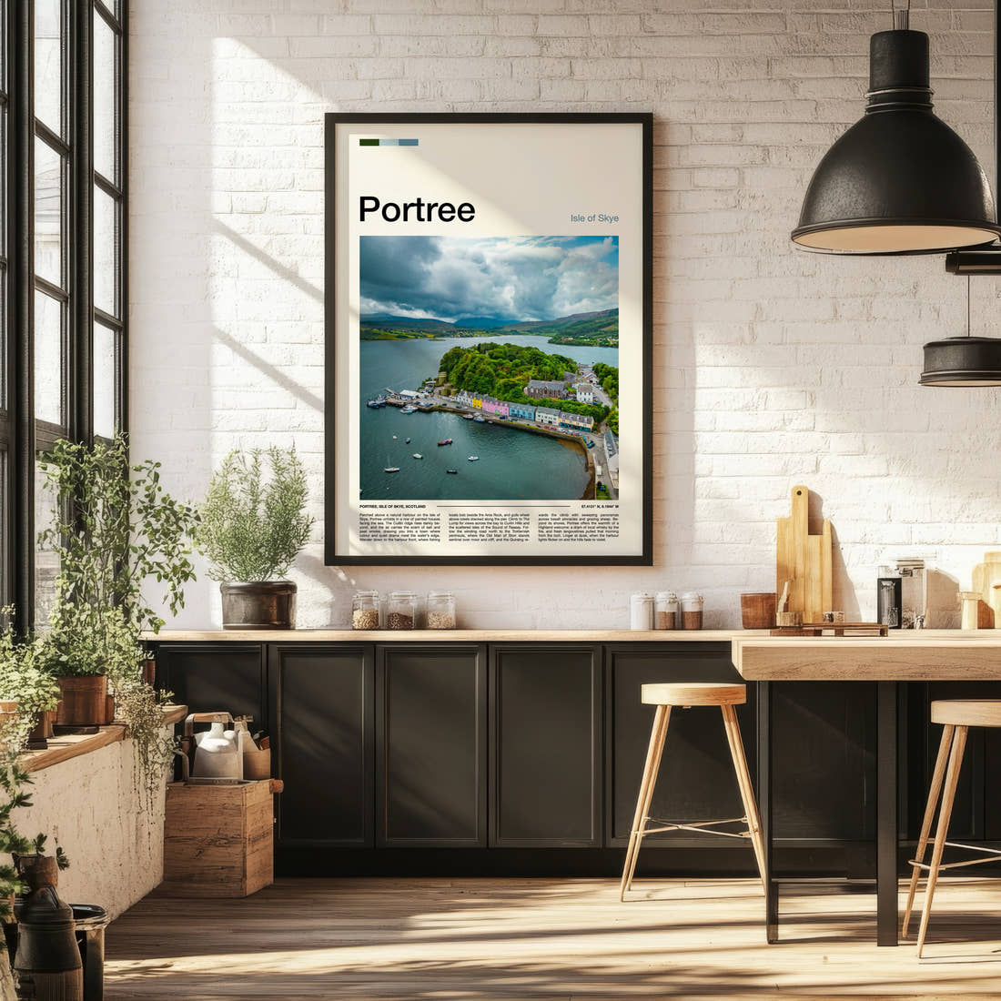 Portree Aerial Harbour View Travel Print framed on the wall of a bright kitchen and dining space