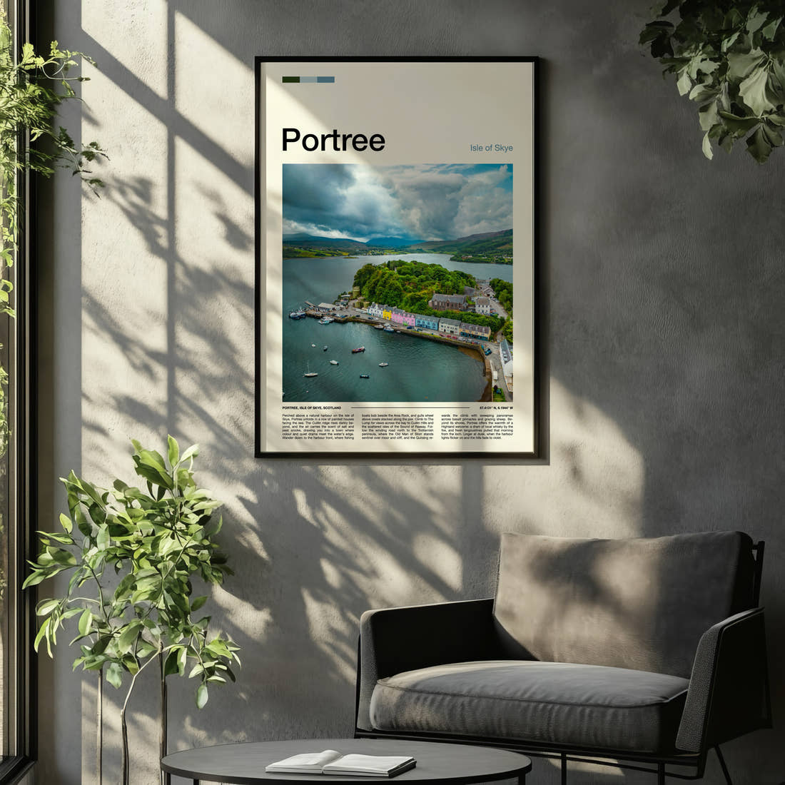 Portree Aerial Harbour View Travel Print framed on the wall of a relaxed living room