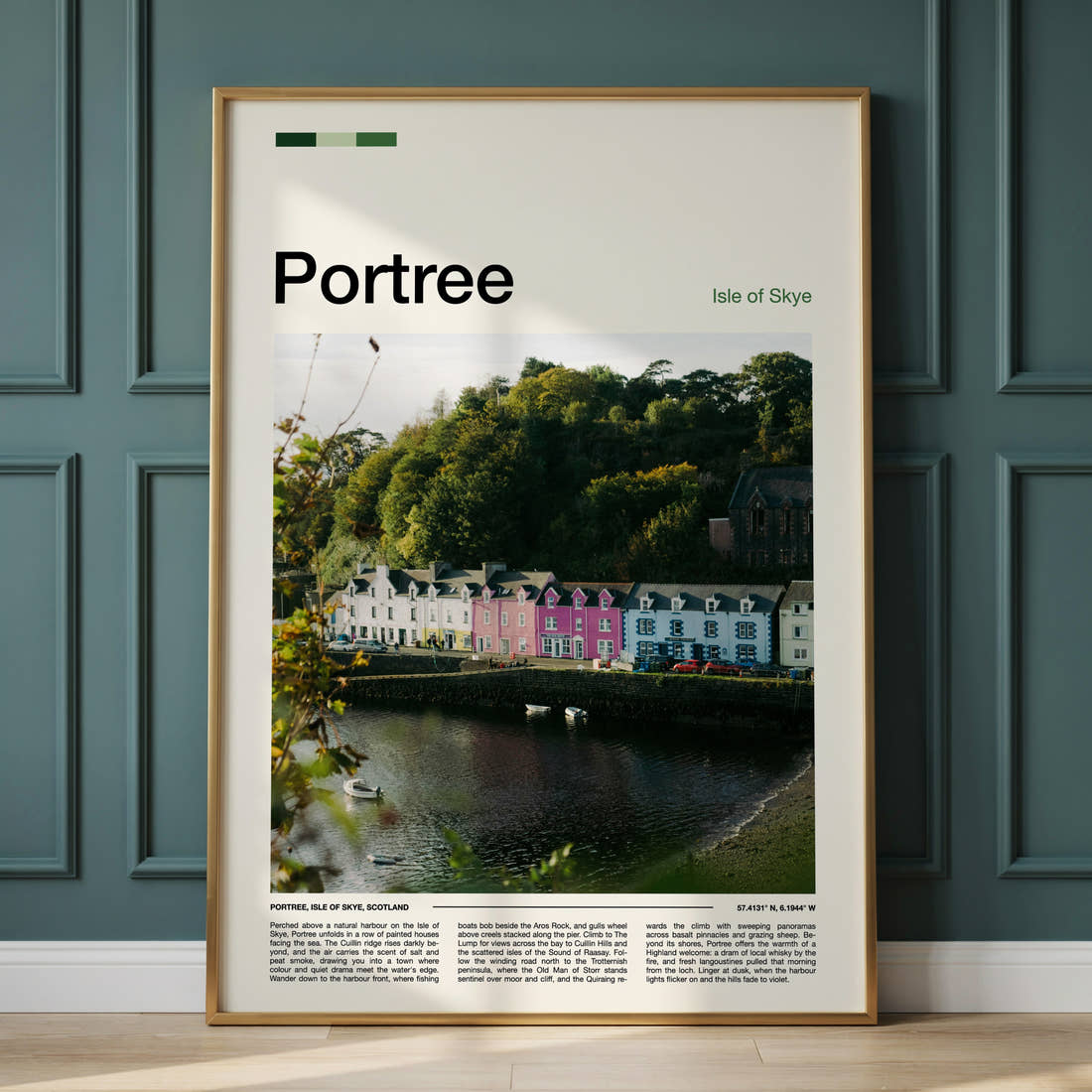 Portree Colourful Harbour Row Travel Print framed on the wall of a calm, neutral bedroom