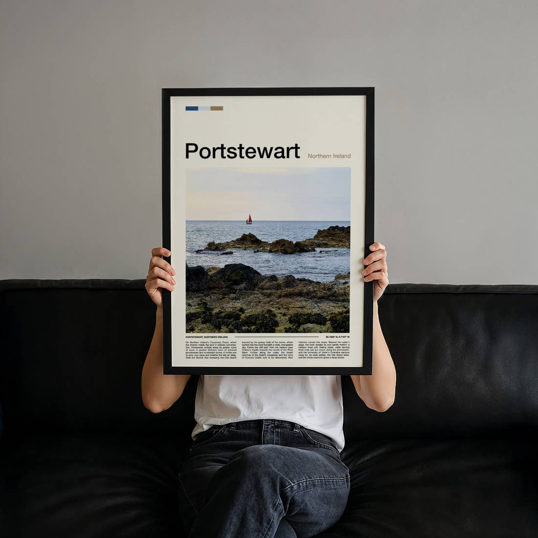 Portstewart Rocky Shoreline Sunset Travel Print held up by hand to show the size of the print