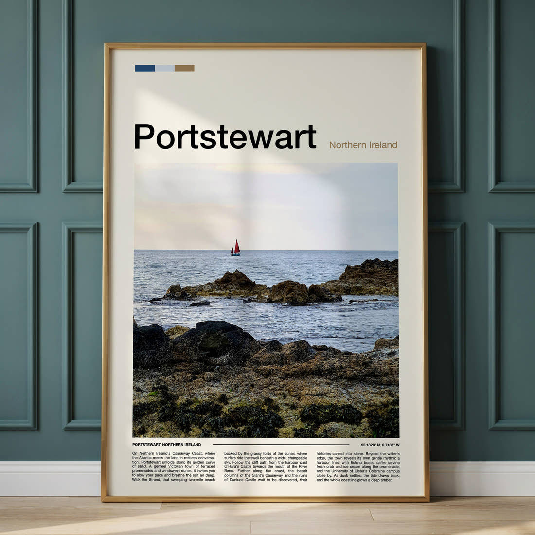 Portstewart Rocky Shoreline Sunset Travel Print framed on the wall of a calm, neutral bedroom