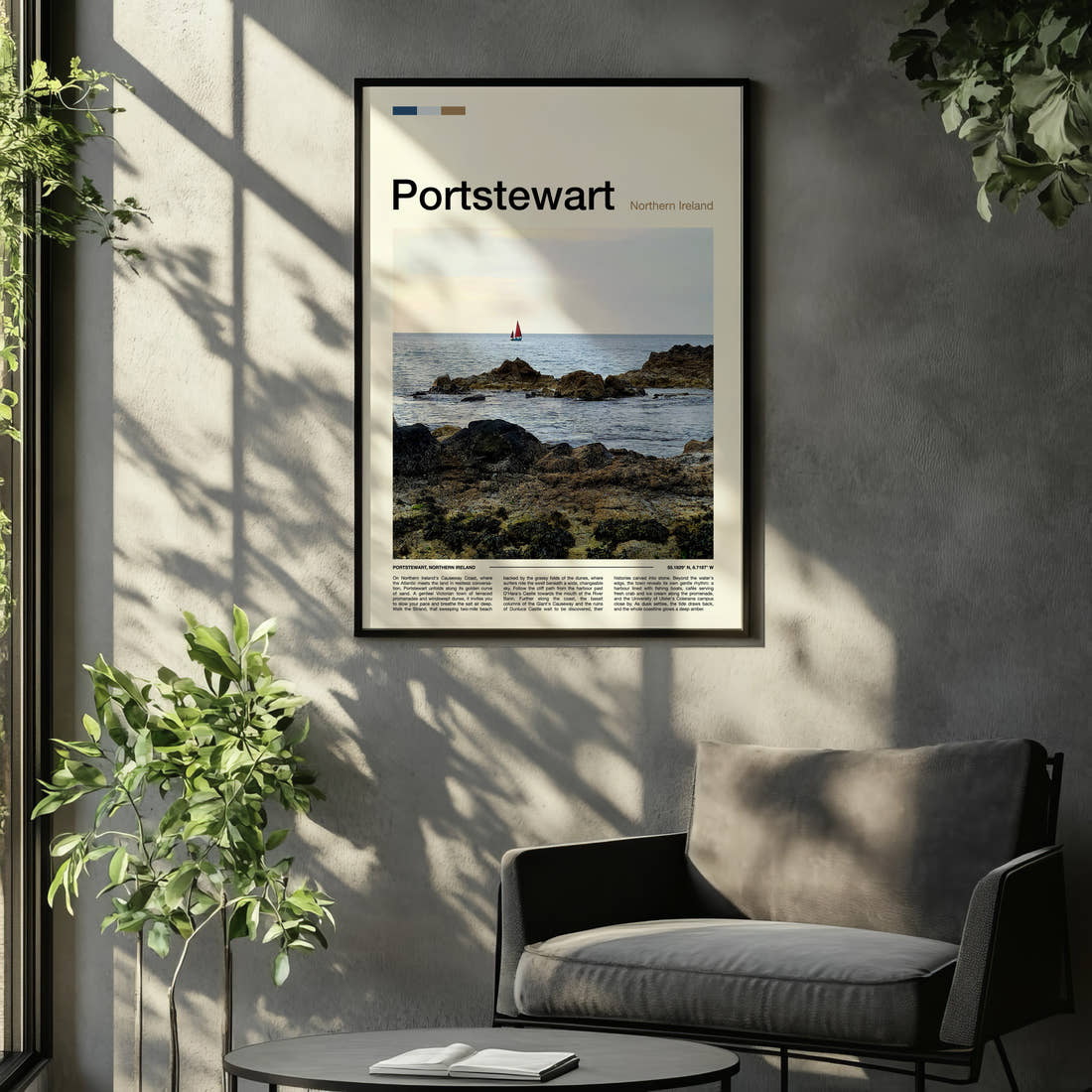Portstewart Rocky Shoreline Sunset Travel Print framed on the wall of a relaxed living room