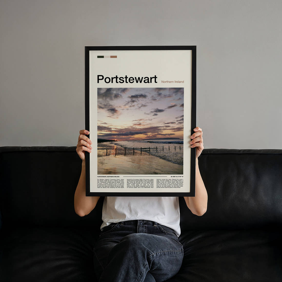 Portstewart Golden Sunset Shoreline Travel Print held up by hand to show the size of the print