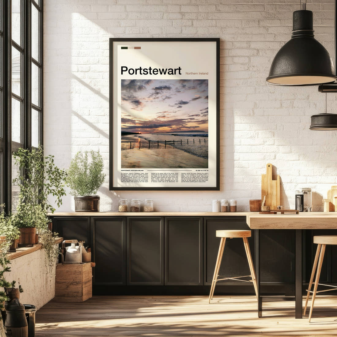 Portstewart Golden Sunset Shoreline Travel Print framed on the wall of a bright kitchen and dining space
