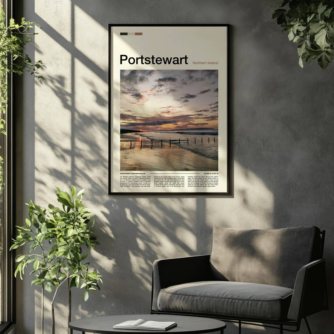 Portstewart Golden Sunset Shoreline Travel Print framed on the wall of a relaxed living room