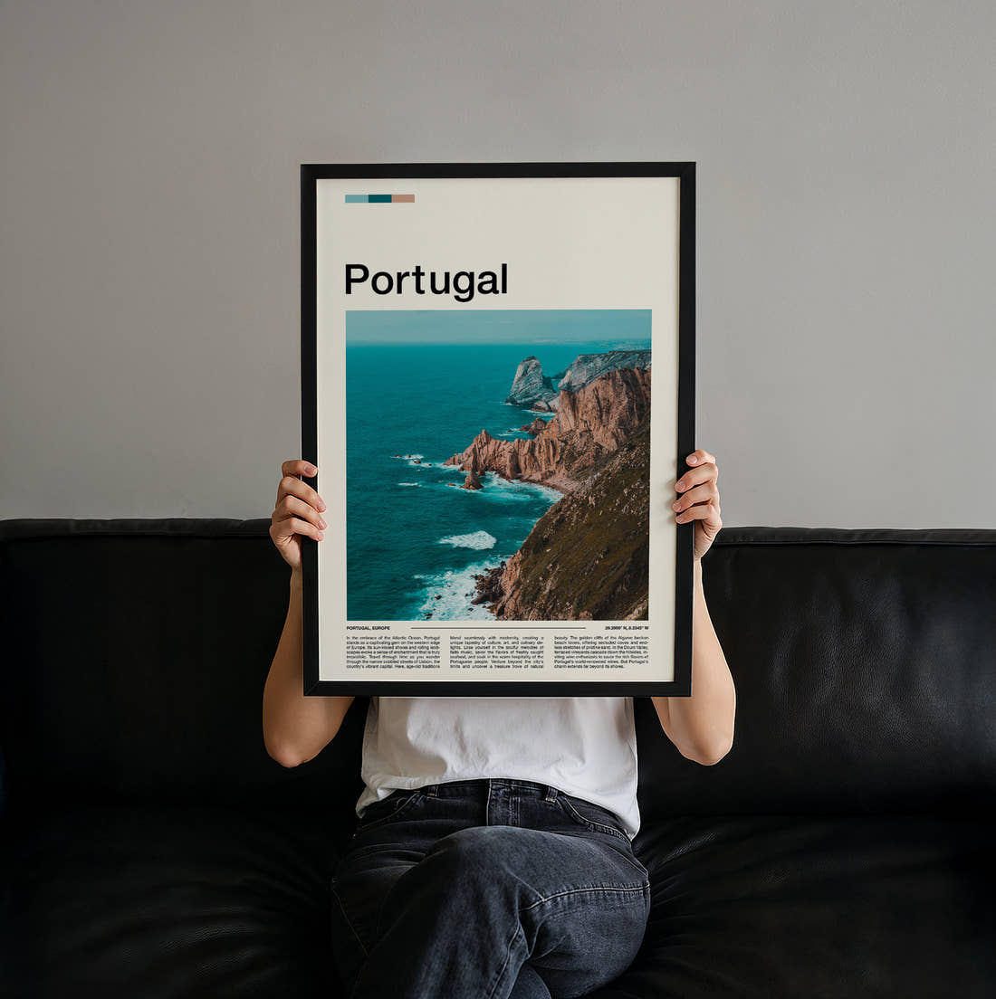 Portugal Coastal Cliffs Travel Print held up by hand to show the size of the print