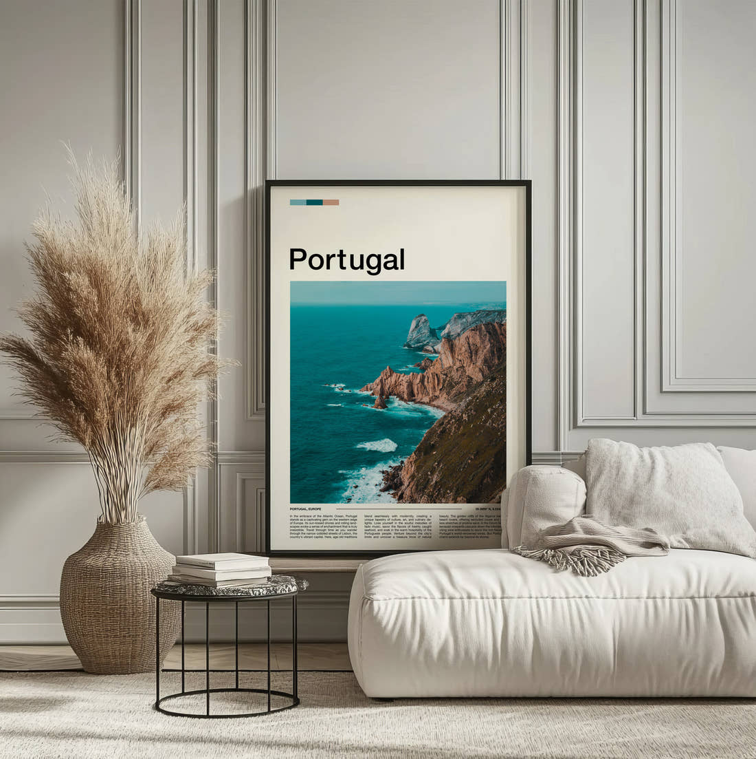 Portugal Coastal Cliffs Travel Print framed on the wall of a calm, neutral bedroom