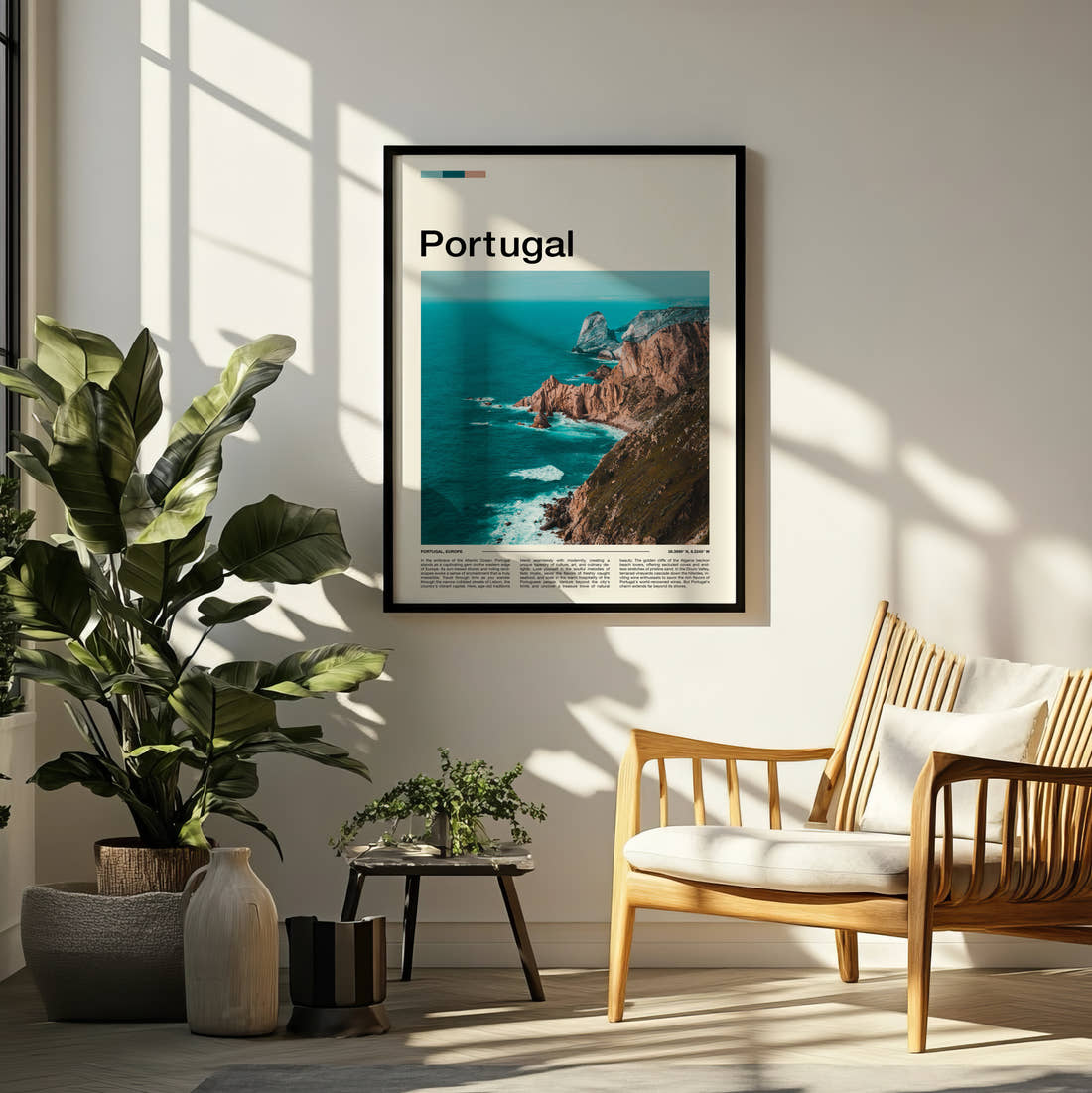 Portugal Coastal Cliffs Travel Print framed on a pale wall beside houseplants
