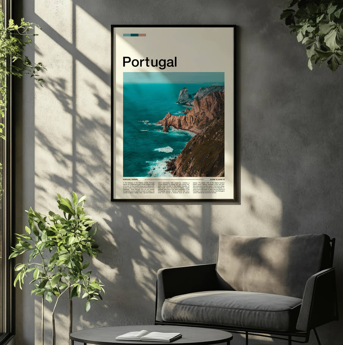 Portugal Coastal Cliffs Travel Print framed on the wall of a relaxed living room