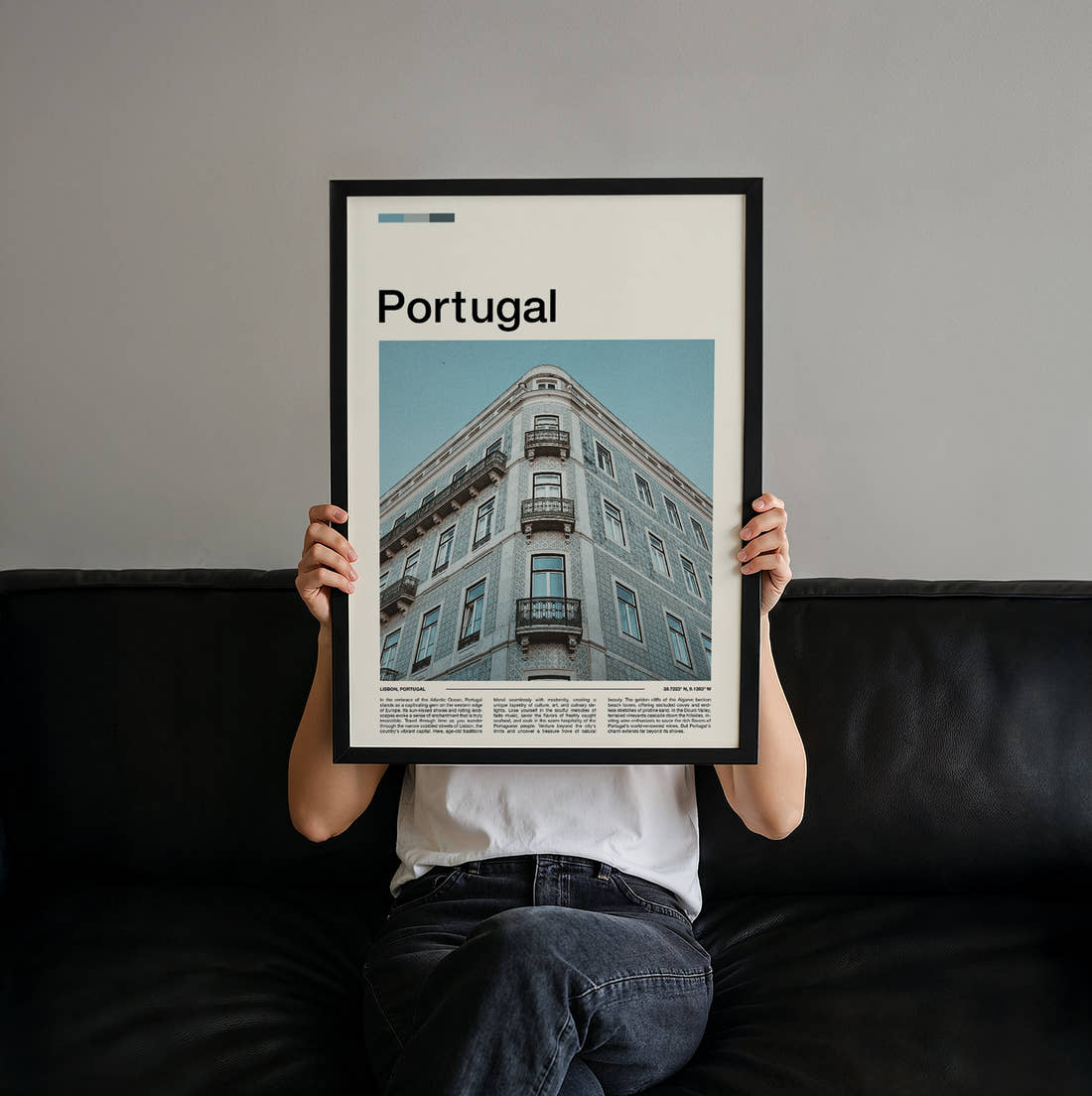 Portugal Tiled Building Facade Travel Print held up by hand to show the size of the print