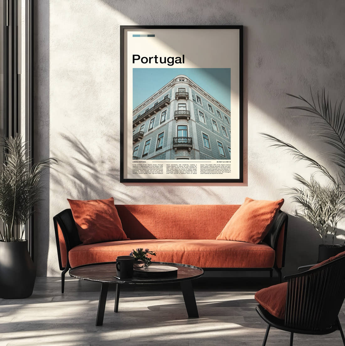 Portugal Tiled Building Facade Travel Print framed on the wall of a modern living room