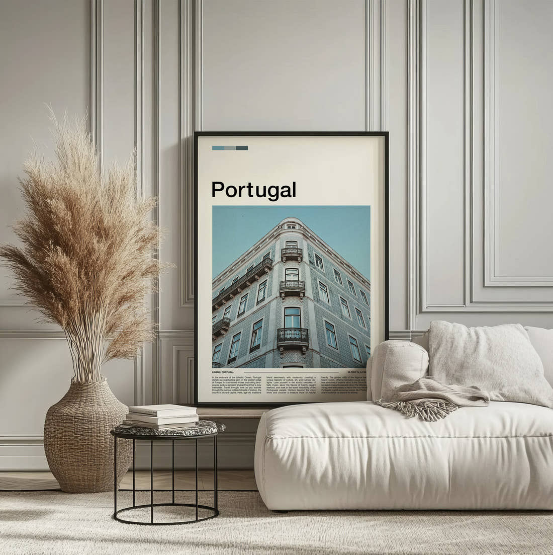 Portugal Tiled Building Facade Travel Print framed on the wall of a calm, neutral bedroom