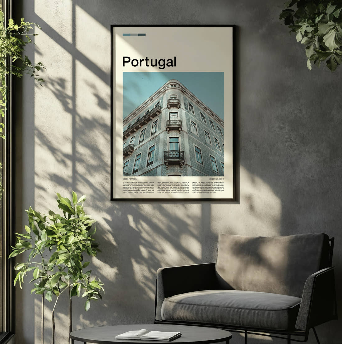 Portugal Tiled Building Facade Travel Print framed on the wall of a relaxed living room