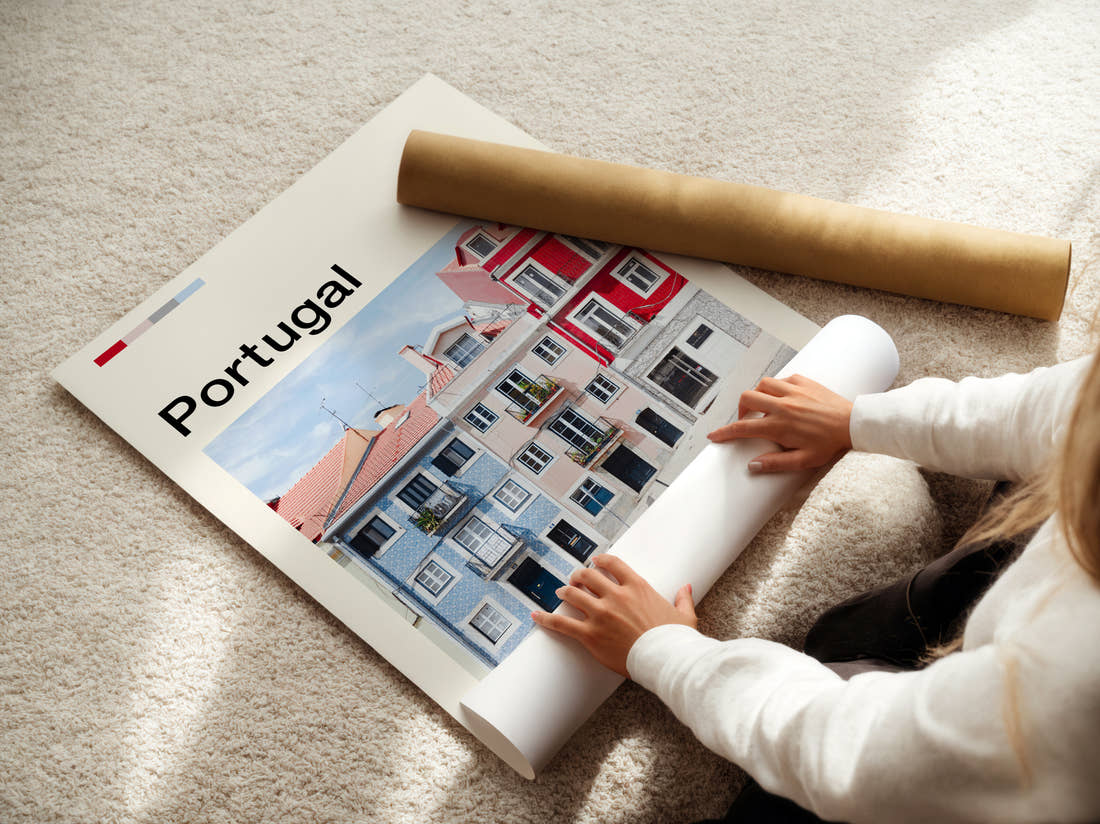 Portugal Colourful Townhouses Travel Print being unrolled from its postal tube