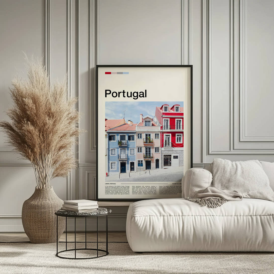 Portugal Colourful Townhouses Travel Print framed on the wall of a calm, neutral bedroom