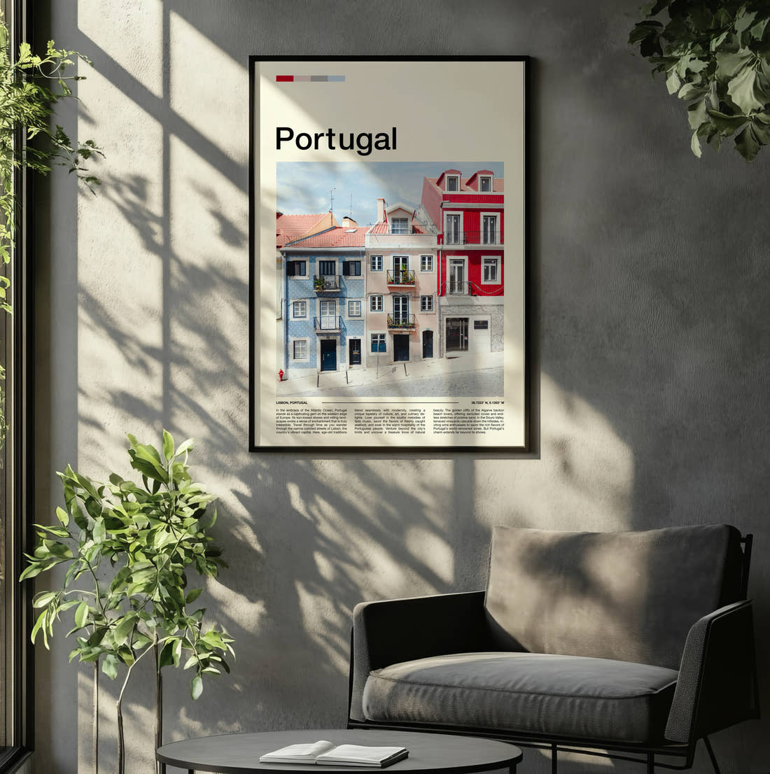 Portugal Colourful Townhouses Travel Print framed on the wall of a relaxed living room