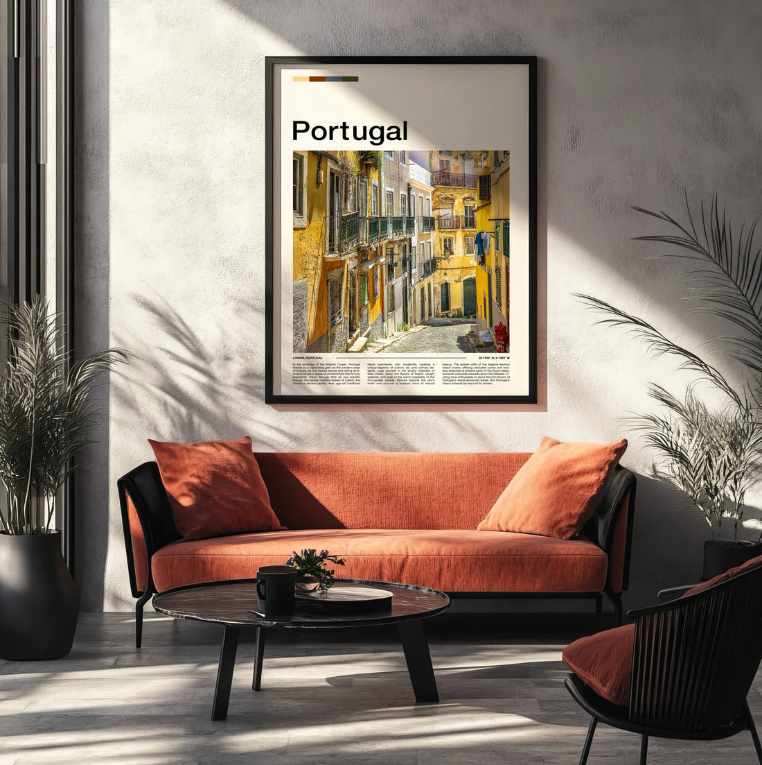 Portugal Narrow Street Travel Print framed on the wall of a modern living room