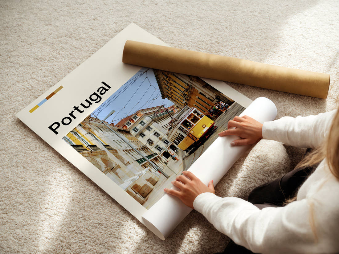 Portugal Yellow Tram Travel Print being unrolled from its postal tube
