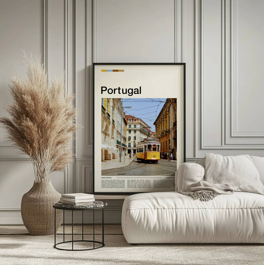 Portugal Yellow Tram Travel Print framed on the wall of a calm, neutral bedroom