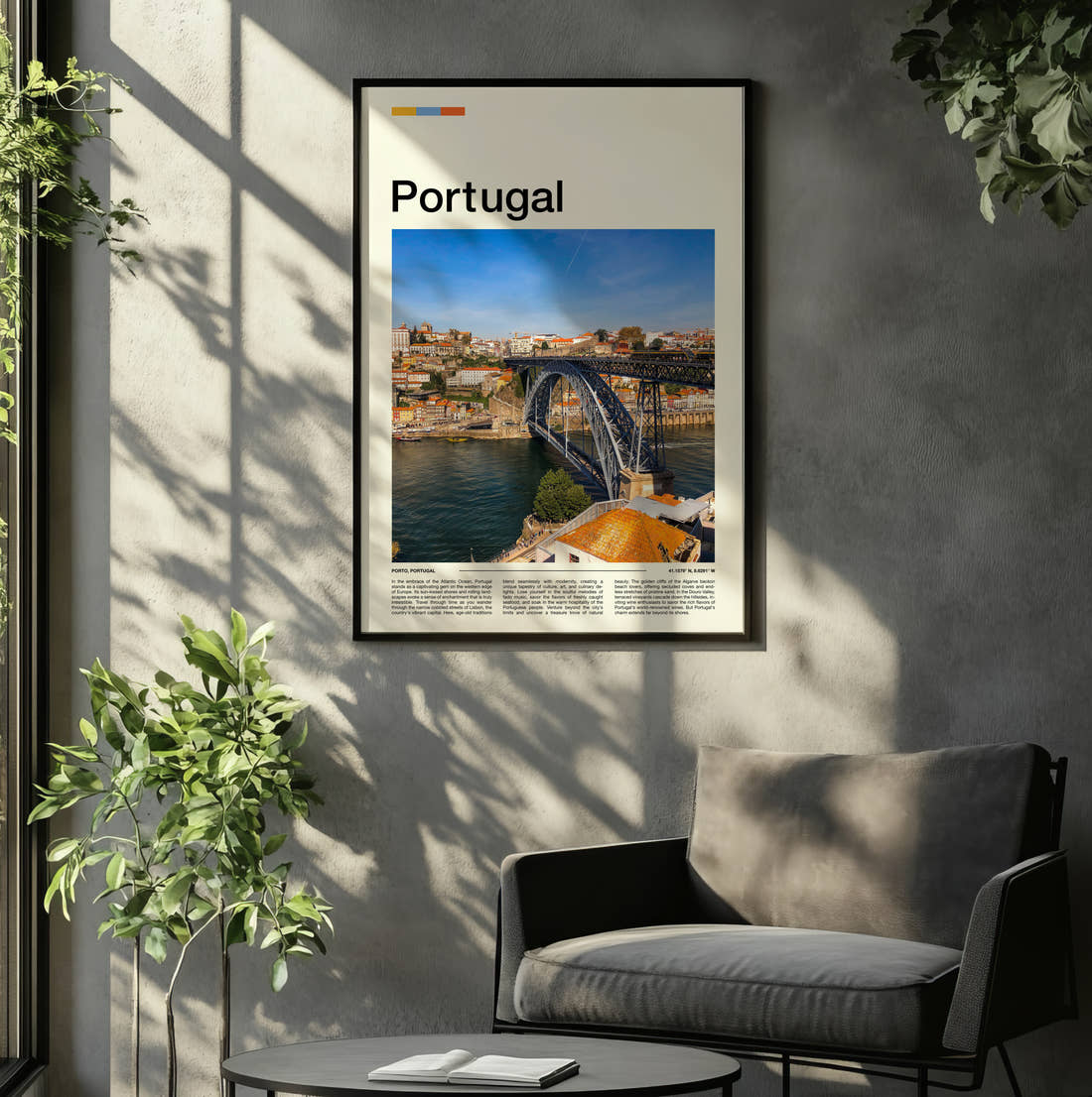 Portugal Iron Arch Bridge Travel Print framed on the wall of a relaxed living room