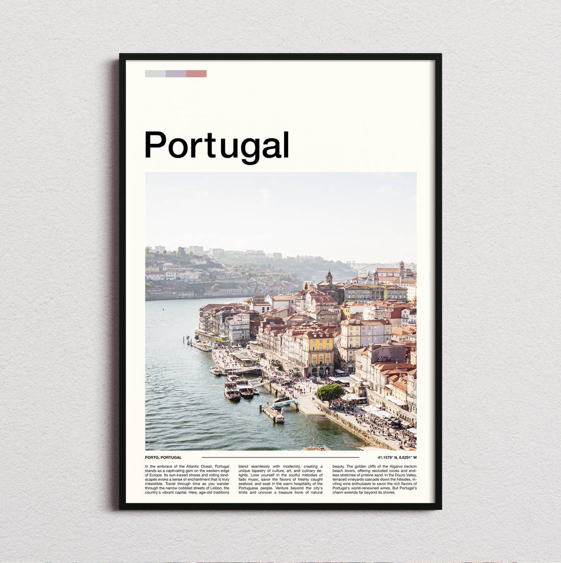Portugal Riverside Houses Travel Print framed and photographed straight on