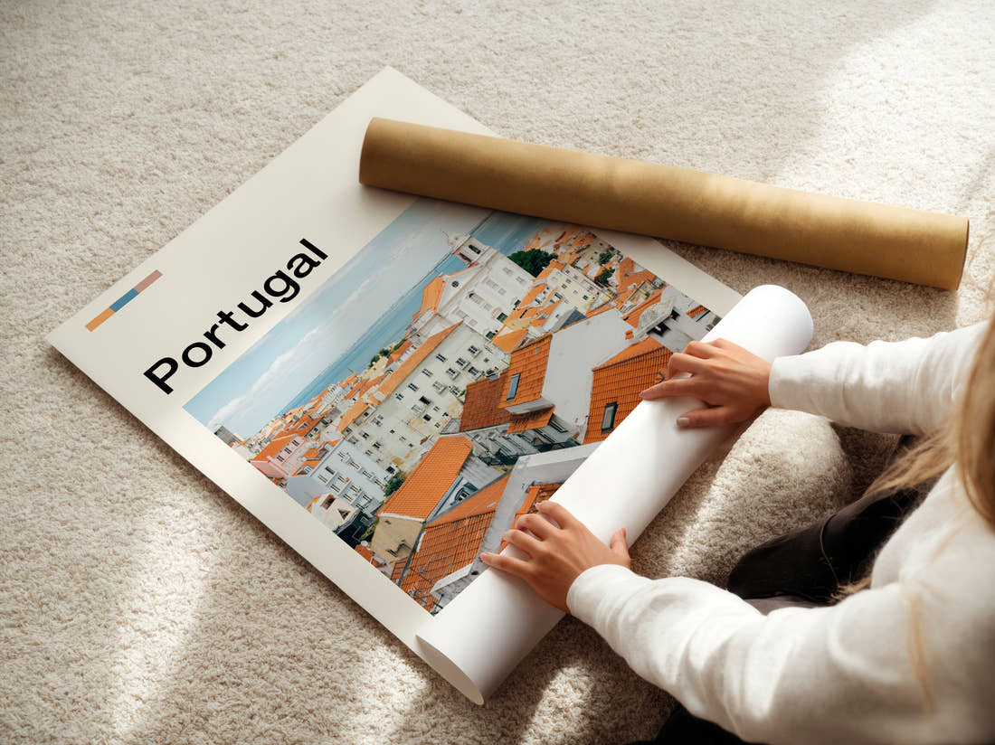 Portugal White Houses And Rooftops Travel Print being unrolled from its postal tube